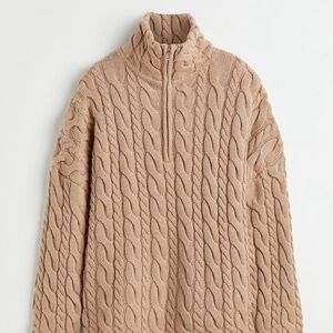 Dark Beige Wool Blend Cable Knit Jacket - Small